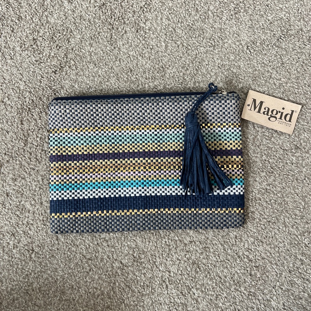 Elegant Magid Navy and Gold Striped Clutch Bag, Raffia Tassle, 100% Paper Straw